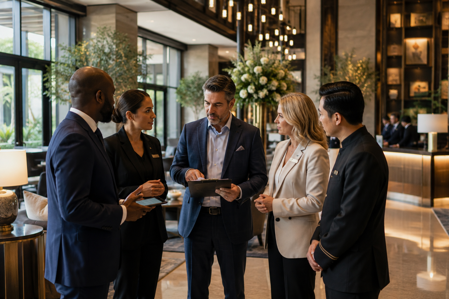 Hospitality leaders reviewing operations together in an upscale hotel lobby
