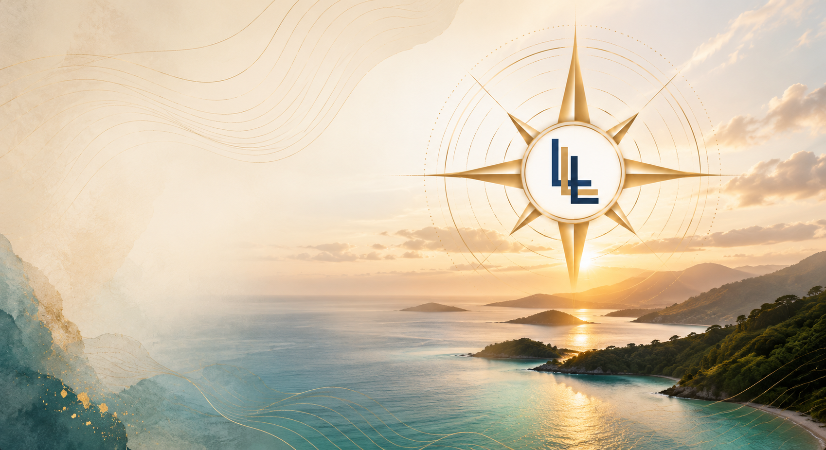 A tranquil island horizon at sunset with the Leadership Language Legacy compass